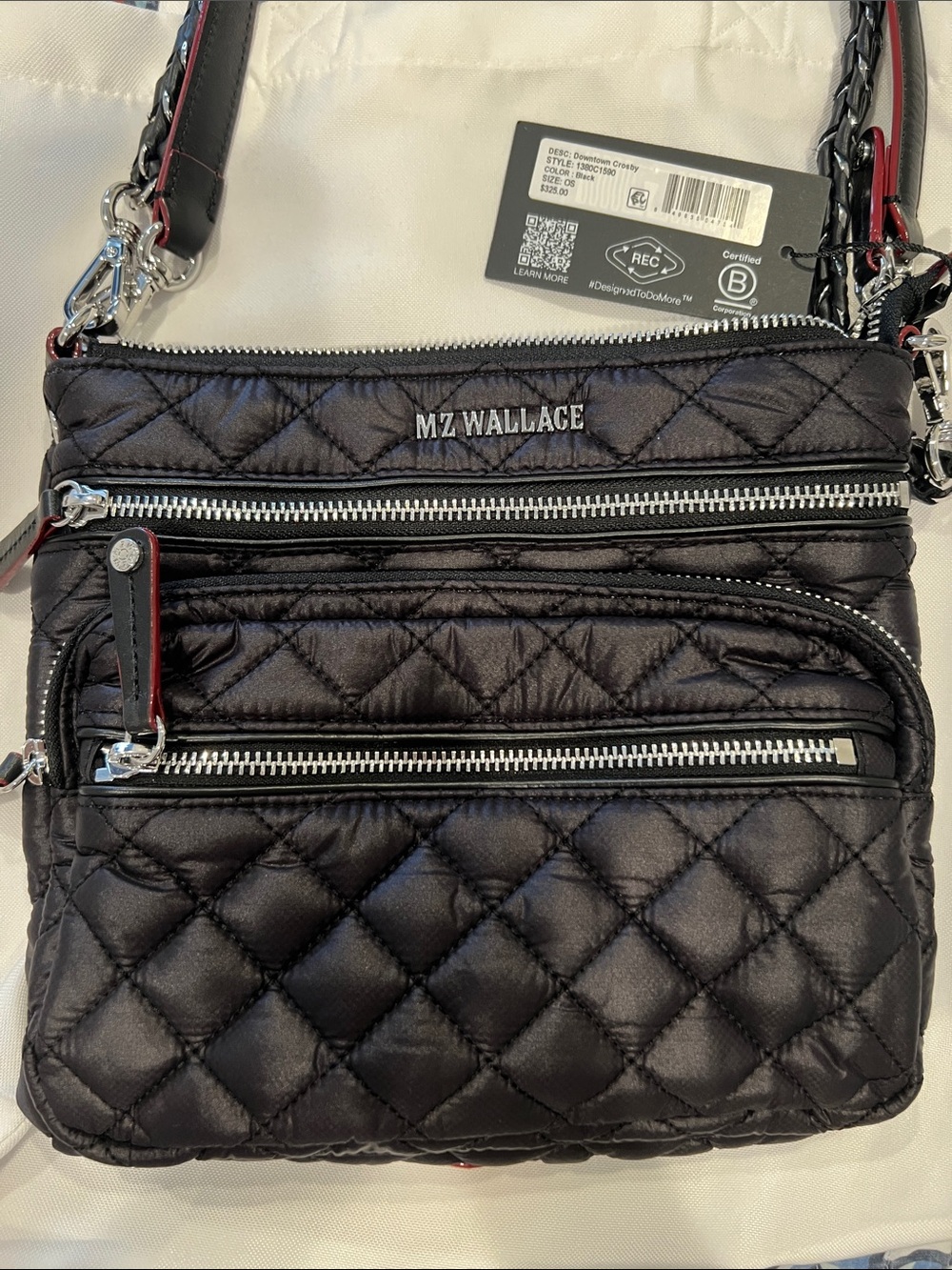 MZ Wallace Quilted Messenger Crossbody Bag - Black with Red Trim